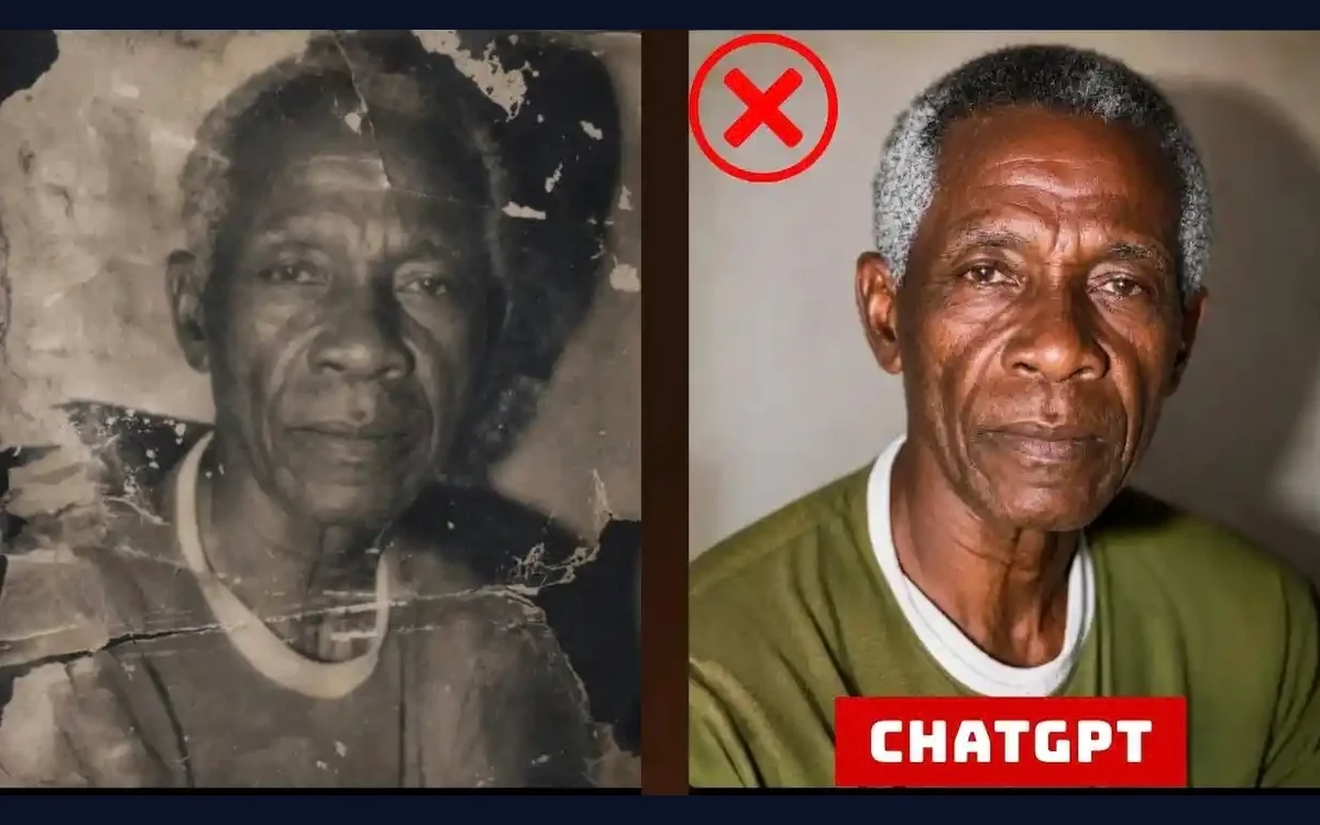 À gauche le tirage ancien, déchiré et taché. À droite la restauration par ChatGPT : le visage est redessiné et rajeuni, et l’homme porte un pull vert qui n’existe pas sur l’original.