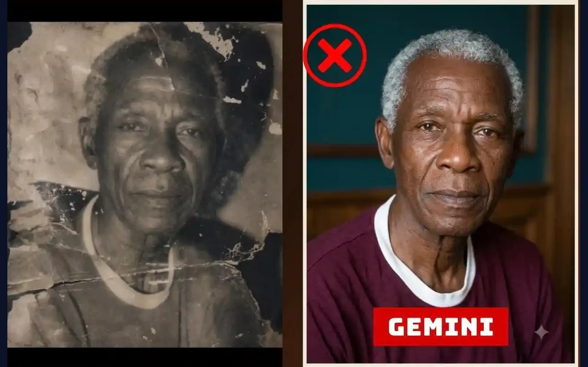 Le même tirage ancien à gauche. À droite la restauration par Gemini : le visage est redessiné, le pull est devenu bordeaux et le fond un mur bleu-vert avec des boiseries, absents de l’original.