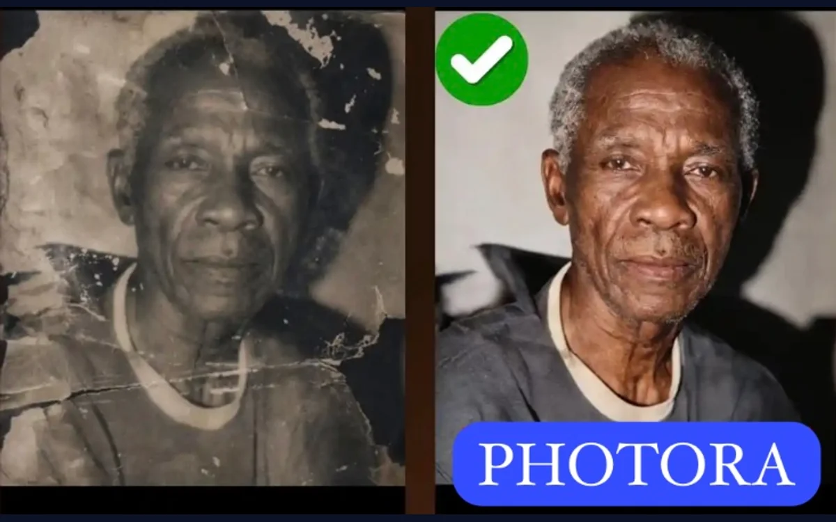 Le même tirage ancien à gauche. À droite la restauration par PHOTORA : c’est le même visage, le même vêtement sombre à col blanc et le même fond que sur l’original.